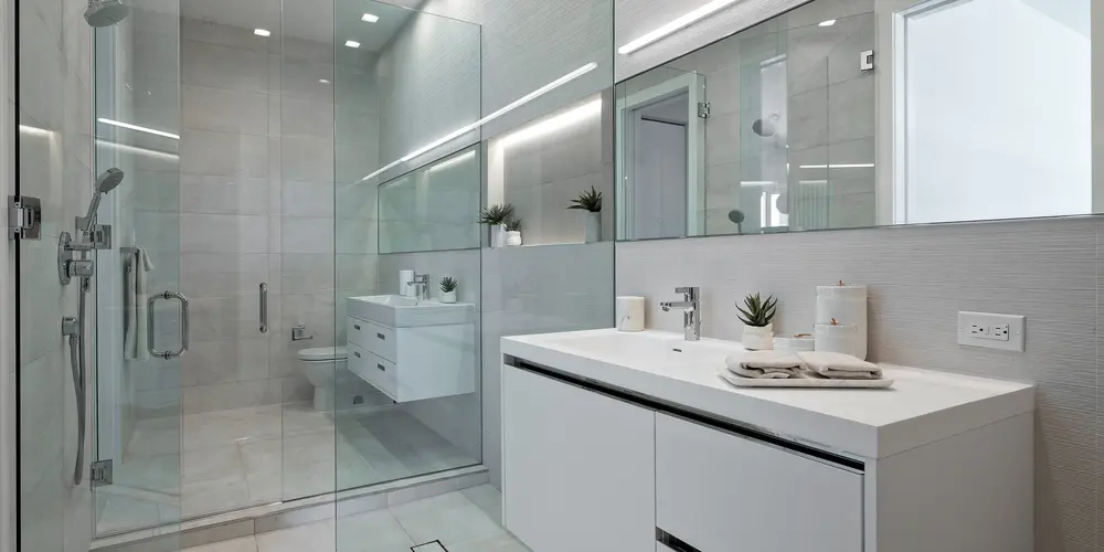  The bathroom showcases contemporary design with its clean lines and minimalistic aesthetic. Glass shower enclosures and a floating vanity contribute to a bright and airy feel, amplifying the modern, refined elegance.