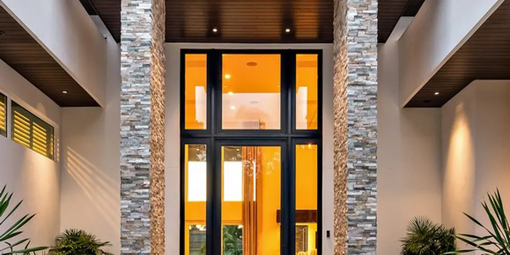  The entrance of the house is defined by a grand, imposing facade that combines textured stone with sleek modern design elements. The vertical stone pillars draw the eye upwards, creating a sense of height and grandeur, while the glass door and windows allow for a welcoming yet sophisticated ambiance.
